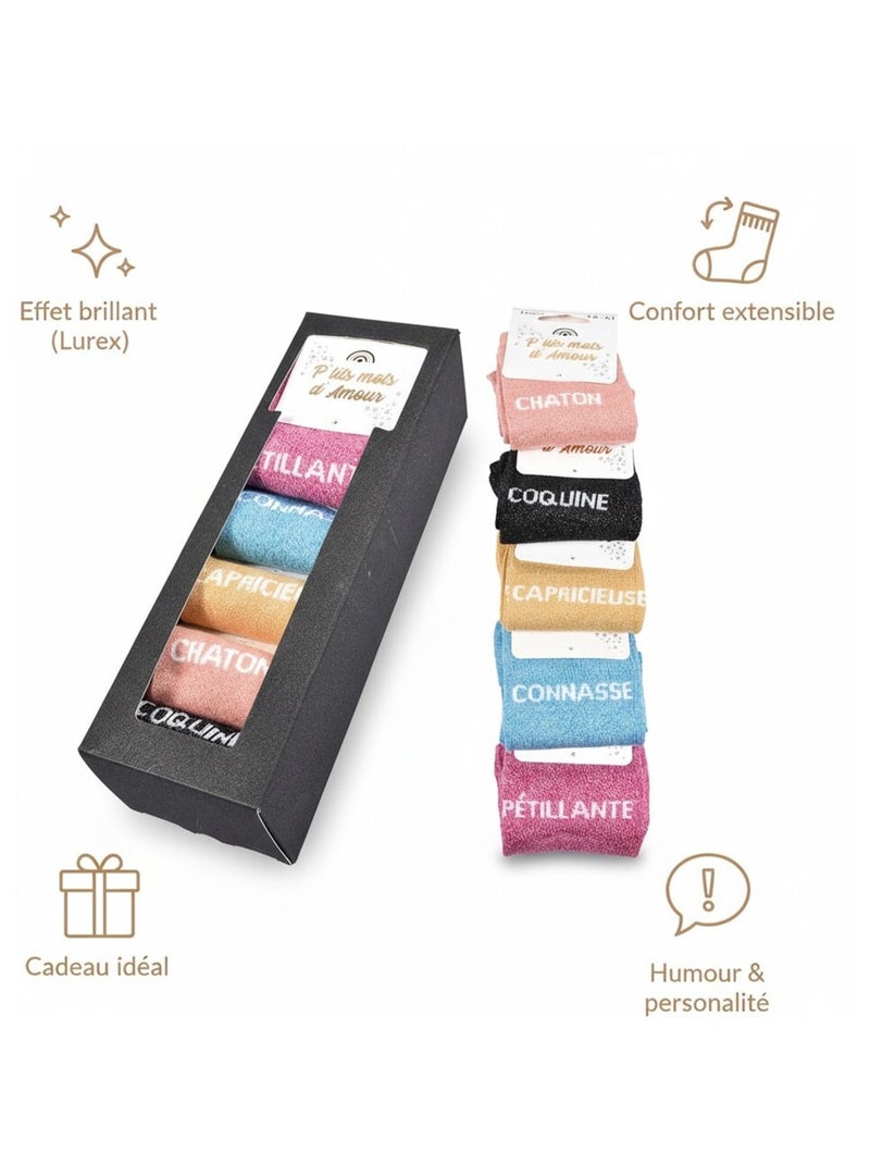 Chaussettes à paillettes Femme Message Humoristique Pack de 5 Paires Noir Multicolore Bleu - Kiabi