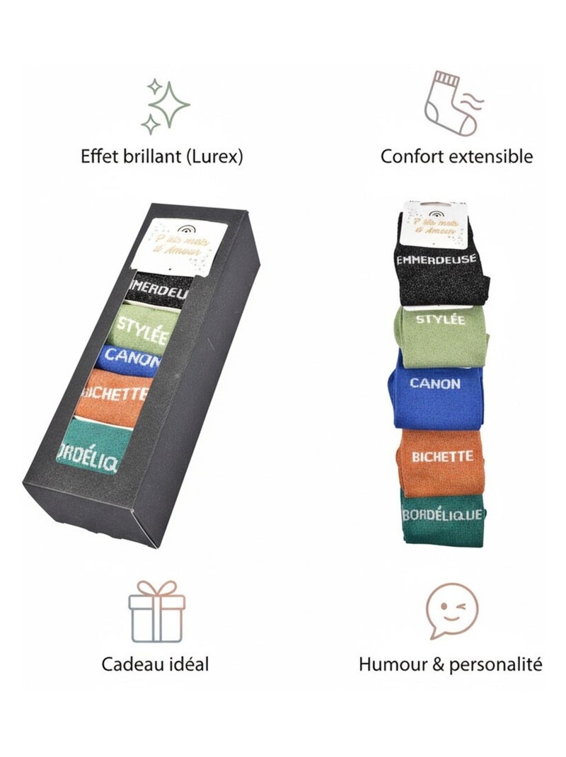 Chaussettes à paillettes Femme Message Humoristique Pack de 5 Paires Noir Multicolore Noir - Kiabi