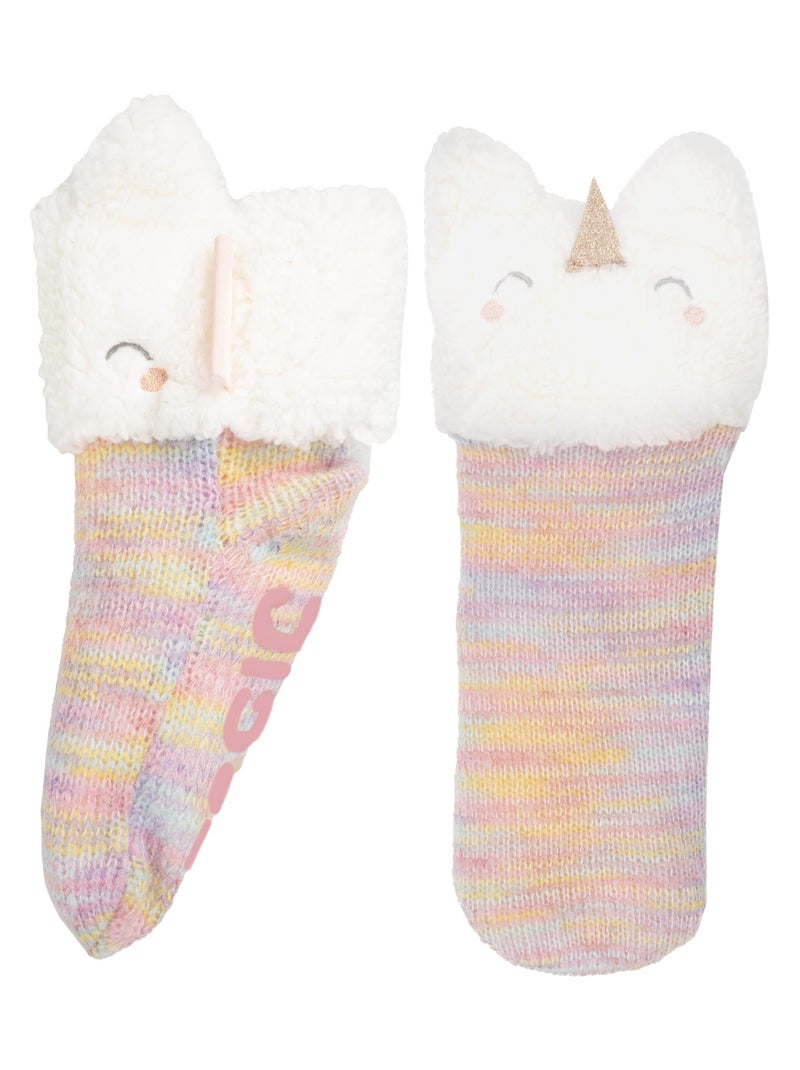 Chaussettes anti-dérapantes Licorne muticolor en maille fille Isotoner Rose pastel/Rose clair/Blanc/Jaune pastel - Kiabi