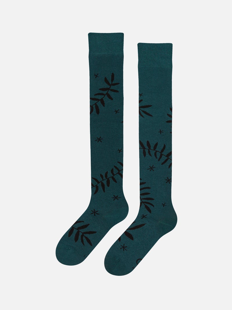 Chaussettes au-dessus des genoux Feuilles Noires Bleu - Kiabi