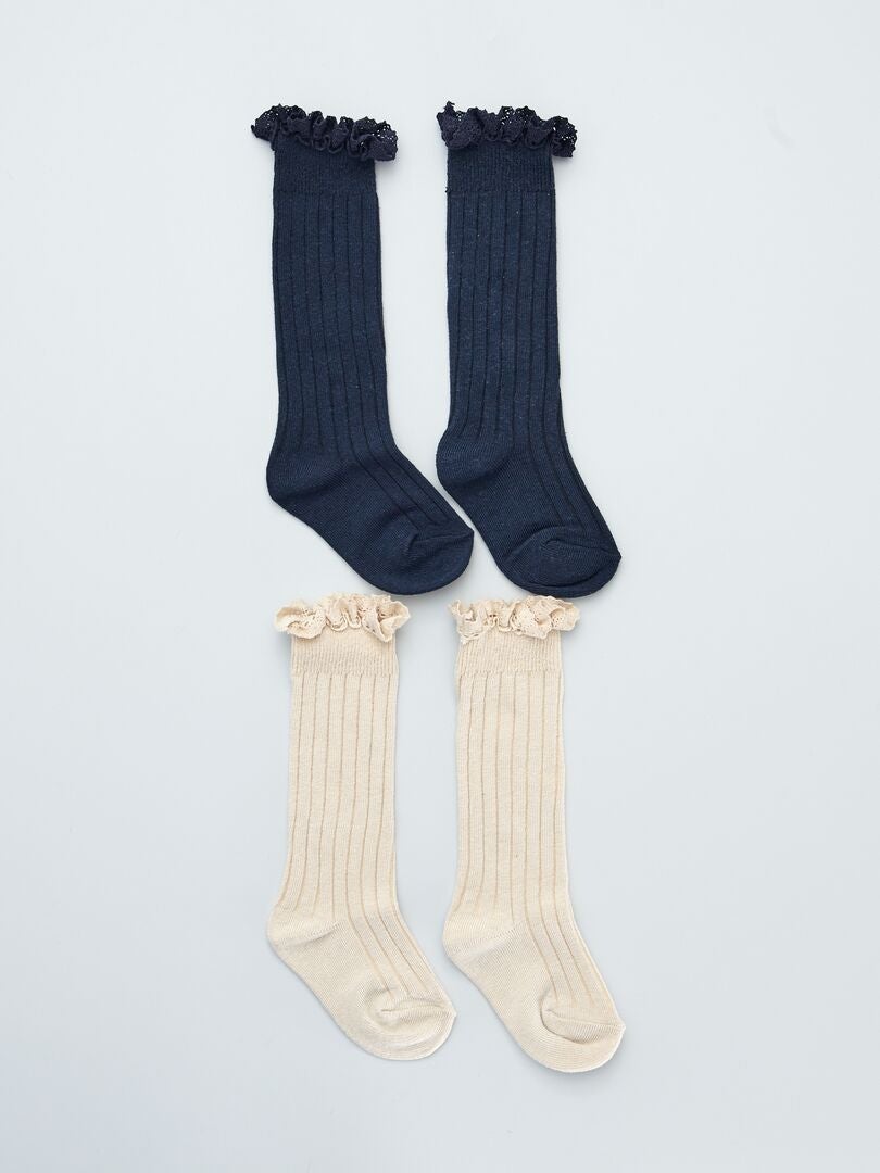 Chaussettes avec broderie volantée - Lot de 2 Beige/bleu - Kiabi