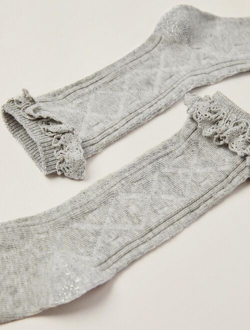 Chaussettes Hautes en Coton avec Dentelle Fille, Gris