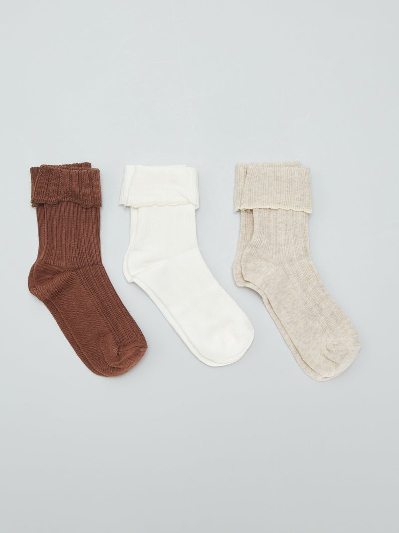 Chaussettes avec revers en maille - Lot de 3 Blanc/beige/marron - Kiabi
