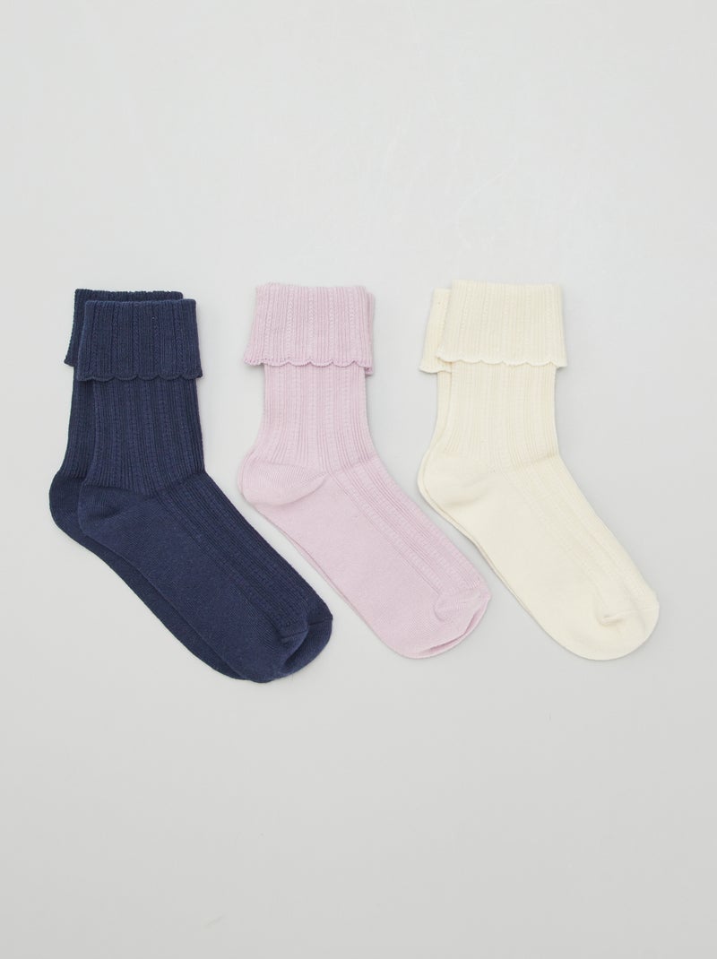 Chaussettes avec revers en maille - Lot de 3 Lilas/ecru/marrine - Kiabi