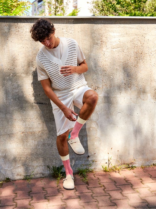 Chaussettes Bambou Jacquard Turquoise et Rouge - Kiabi