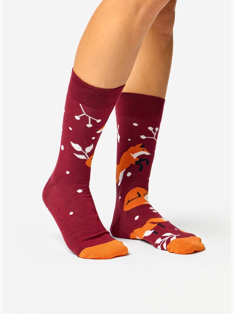 Chaussettes Bambou Renard & Feuilles Bordeaux - Kiabi