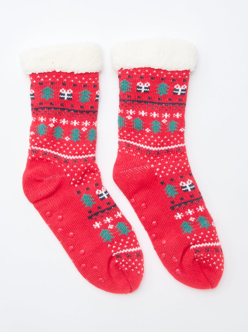 Chaussettes chaudes fourrées antidérapantes Rouge - Kiabi