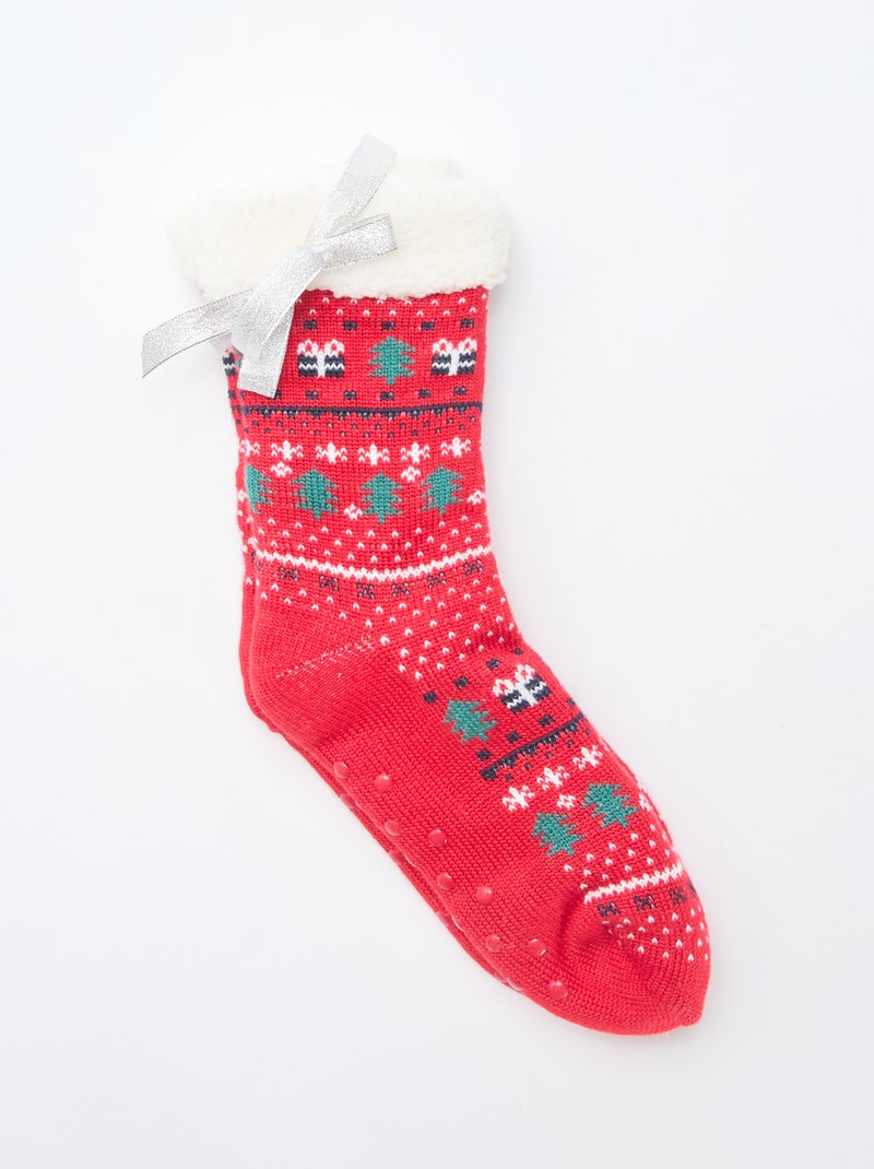 Chaussettes chaudes fourrées antidérapantes Rouge - Kiabi
