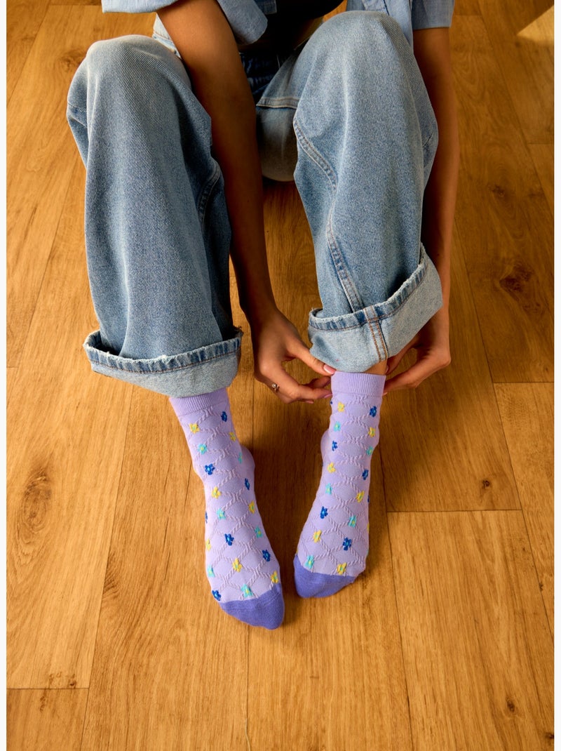 Chaussettes Courtes Cutecore Fleurs Violettes & Bleues Violet - Kiabi