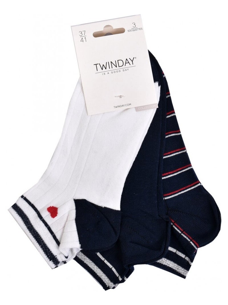 Chaussettes Courtes femme TWINDAY - Pack de 6 Bleu Blanc - Kiabi