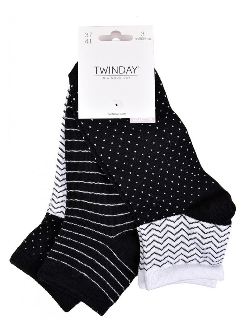 Chaussettes Courtes femme TWINDAY - Pack de 6 Noir Noir Blanc - Kiabi