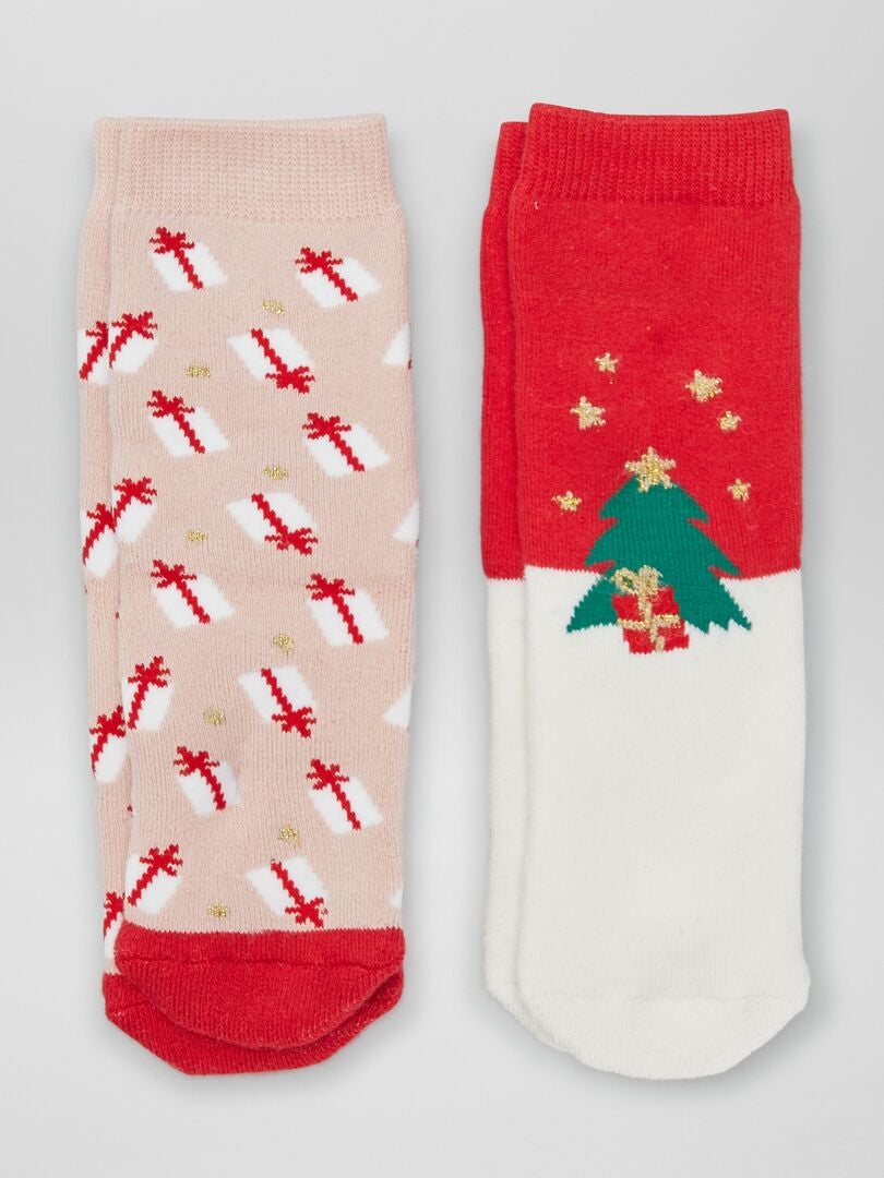 Chaussettes de Noël avec imprimé 'sapins' et 'cadeaux' - Lot de 2 Rouge/rose - Kiabi