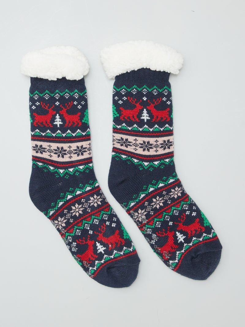 Chaussettes de Noël fourrées antidérapantes Bleu - Kiabi
