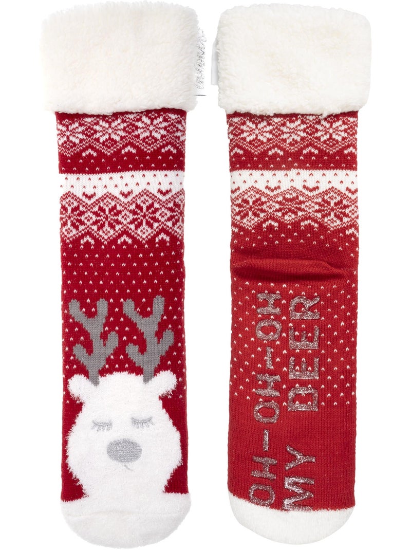 Chaussettes d'intérieur en maille, doublé sherpa, antidérapante femme Rouge tomate - Kiabi