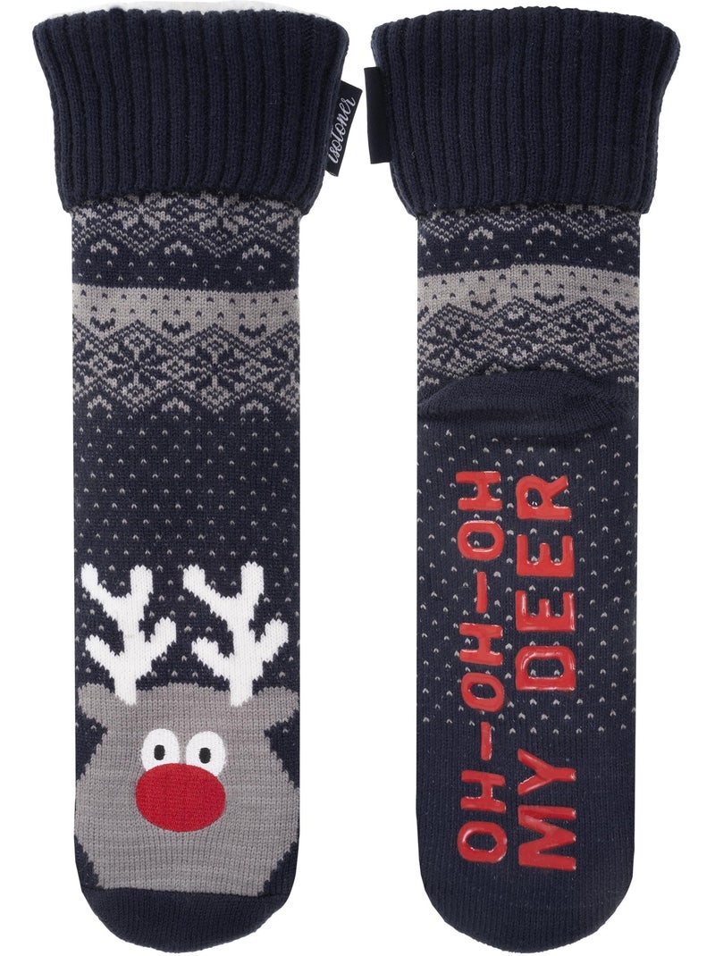 Chaussettes d'intérieur maille/sherpa - picots antidérapants homme Bleu marine - Kiabi