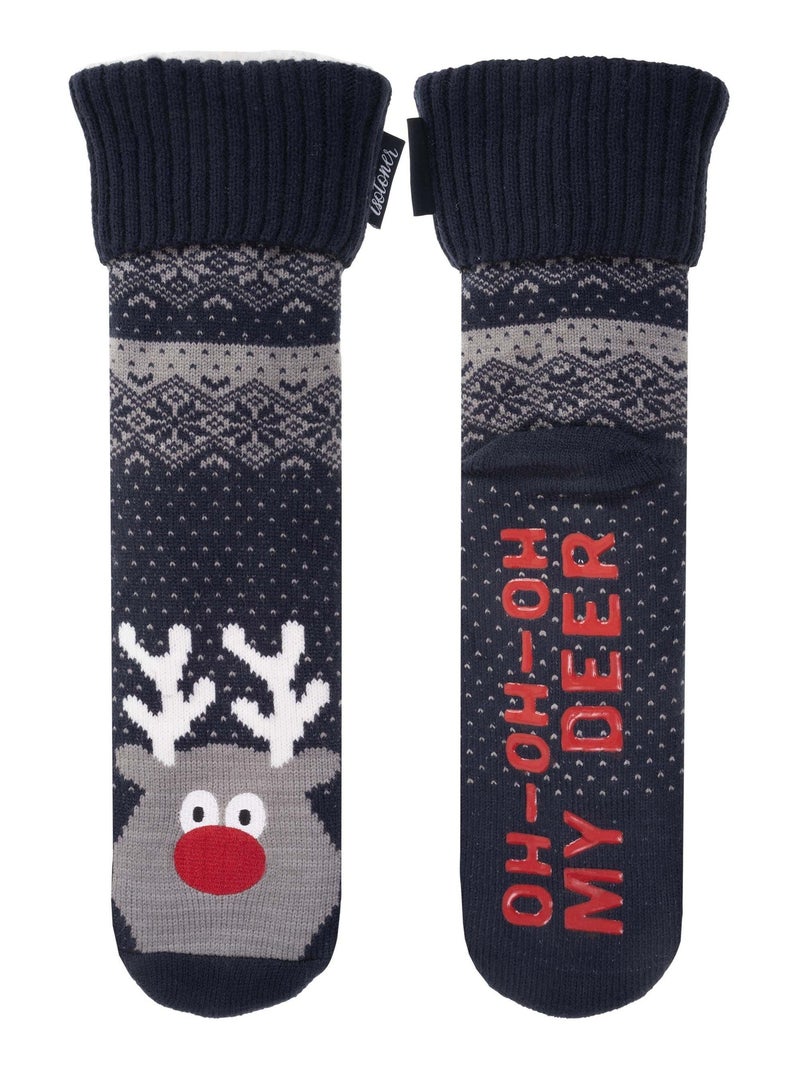 Chaussettes d'intérieur maille/sherpa - picots antidérapants homme Isotoner Bleu marine - Kiabi