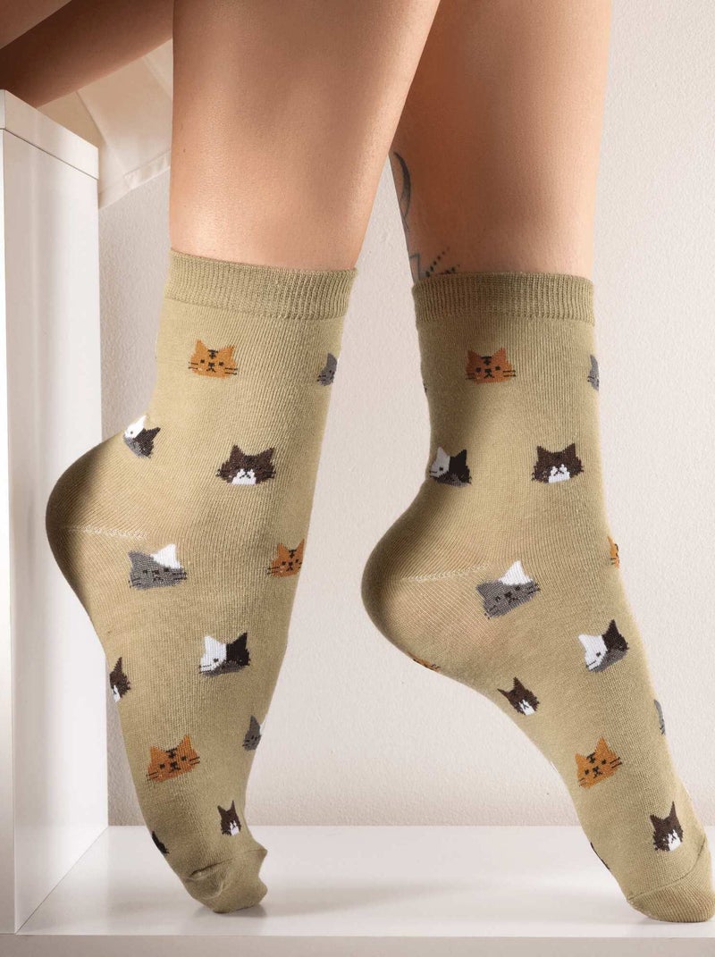 Chaussettes En Coton Tête De Chat- SockUp- 35-43 Kaki - Kiabi