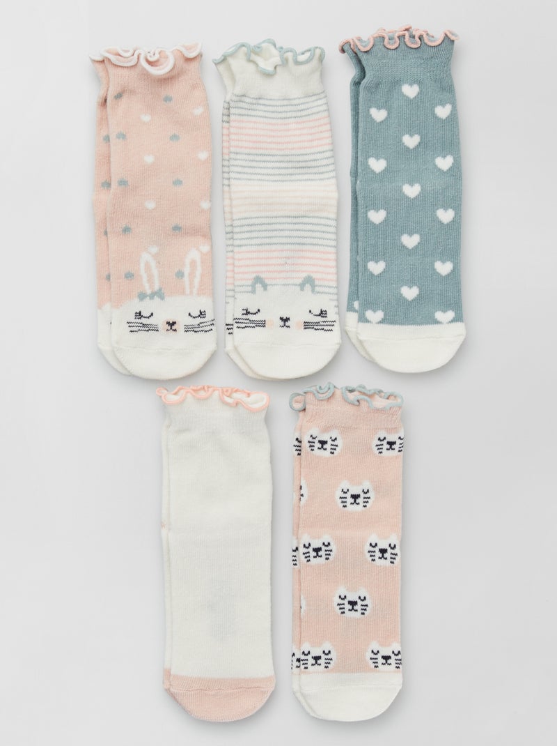 Chaussettes fantaisie - Lot de 5 Rose/Blanc - Kiabi