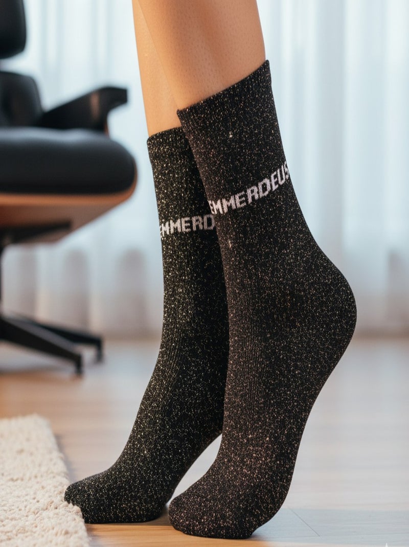 Chaussettes Femme Lurex Message Humoristique Noir Argenté - Kiabi