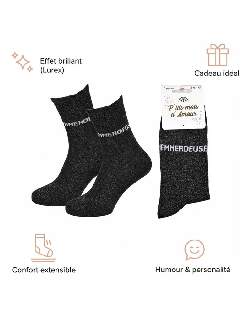Chaussettes Femme Lurex Message Humoristique Noir Argenté - Kiabi