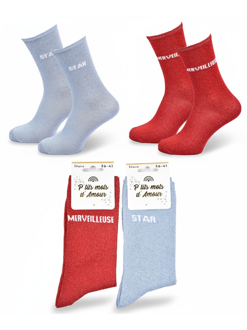 Chaussettes Femme Lurex Message Humoristique Pack de 2 Paires Rouge - Kiabi