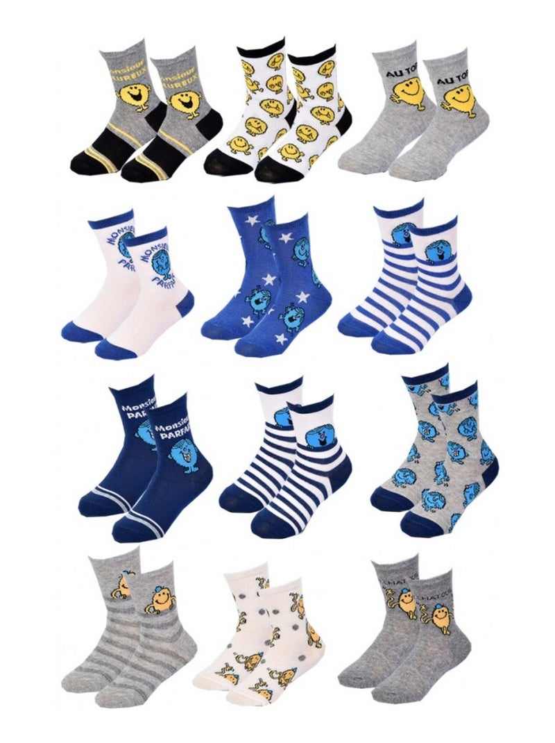 Chaussettes Garçon Licence PACK DE 12 PAIRES MONSIEUR MADAME Gris Blanc Bleu - Kiabi