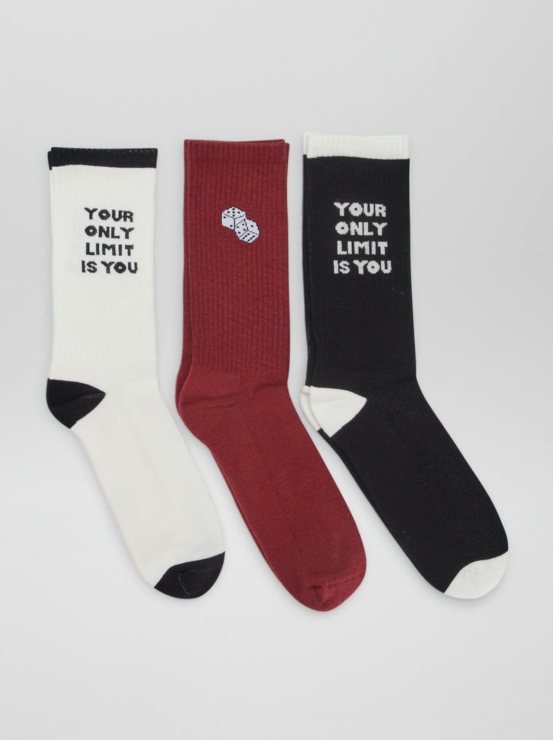 Chaussettes hautes en maille - Lot de 3 Noir/bordeaux/blanc - Kiabi