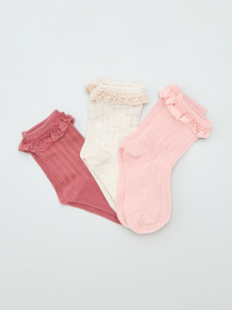 Chaussettes hautes volantées - Lot de 3 Rose/blanc - Kiabi