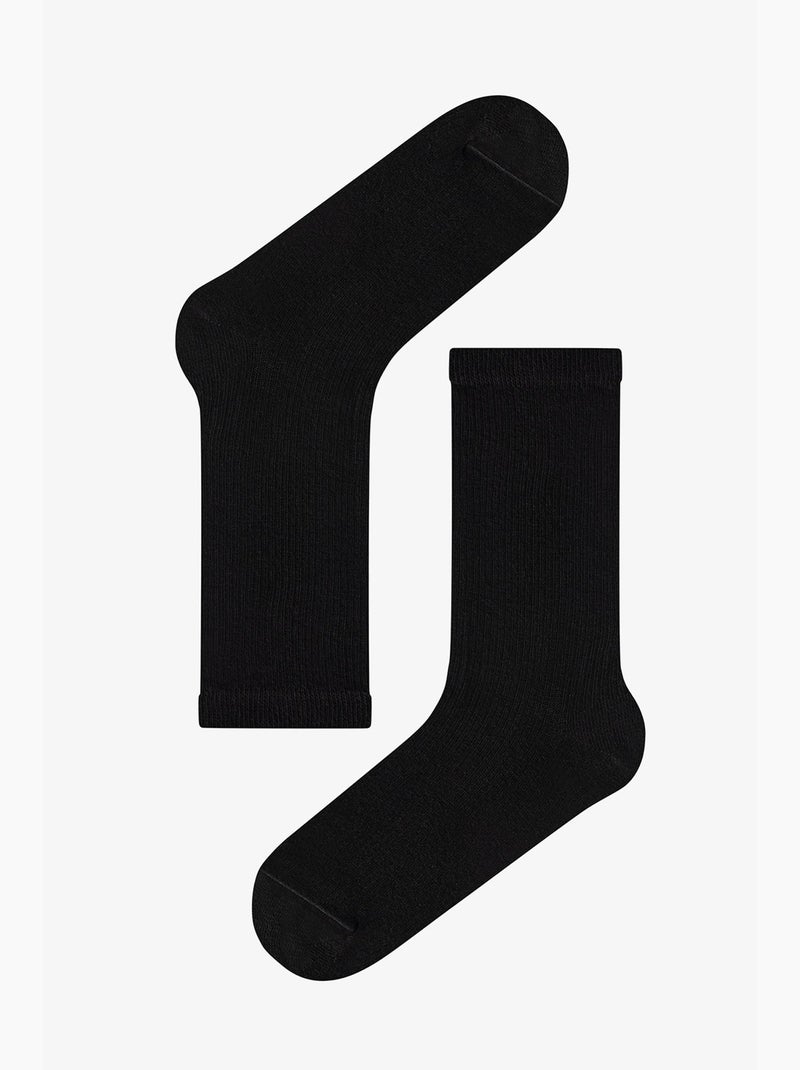 Chaussettes mi-hautes côtelées en coton double penti Noir - Kiabi