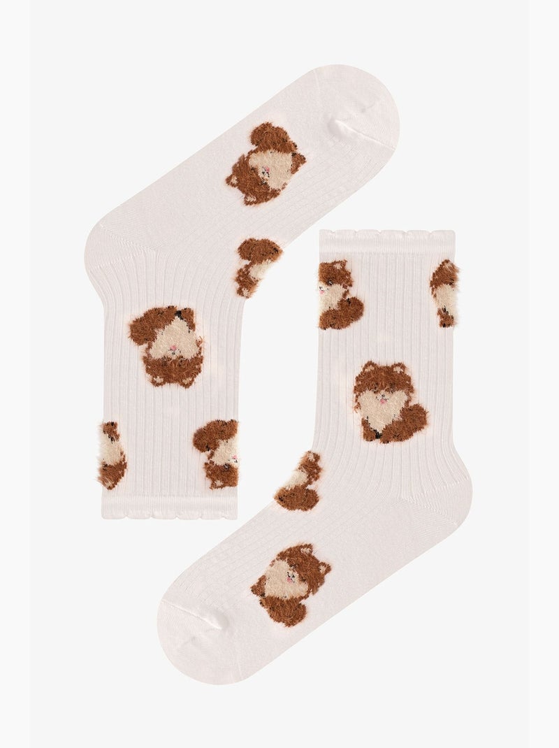 Chaussettes mi-mollet paire à volants avec chien duveteux penti Écru/Marron - Kiabi