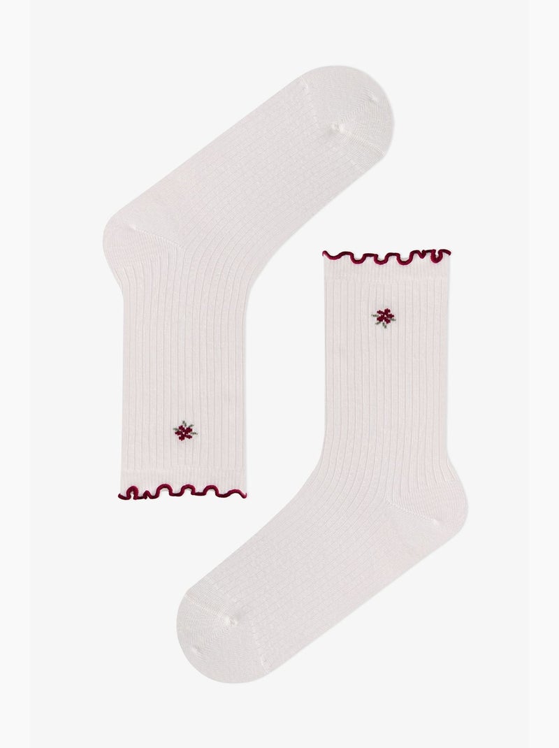 Chaussettes mi-mollet paire à volants, fleurs et motif fleuri penti Blanc cassé - Kiabi