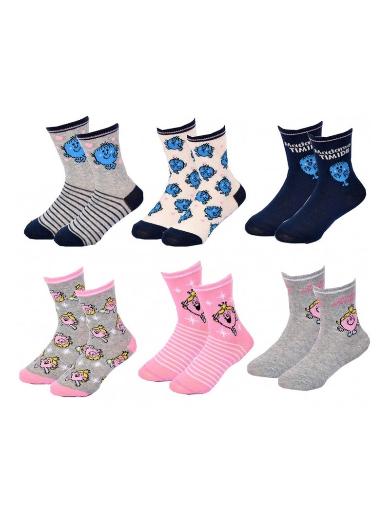 Chaussettes Pack Fille MONSIEUR MADAME - Pack de 6 Bleu Rose Gris - Kiabi