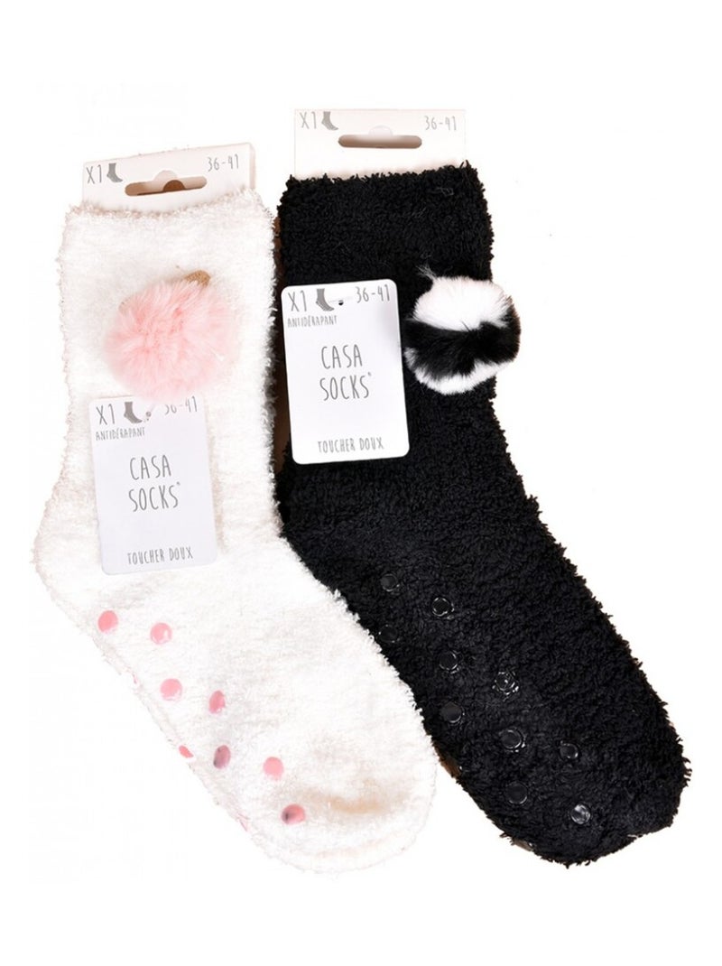 Chaussettes pour Femme Casa Socks Toucher Doux - Pack de 2 Beige/Noir - Kiabi