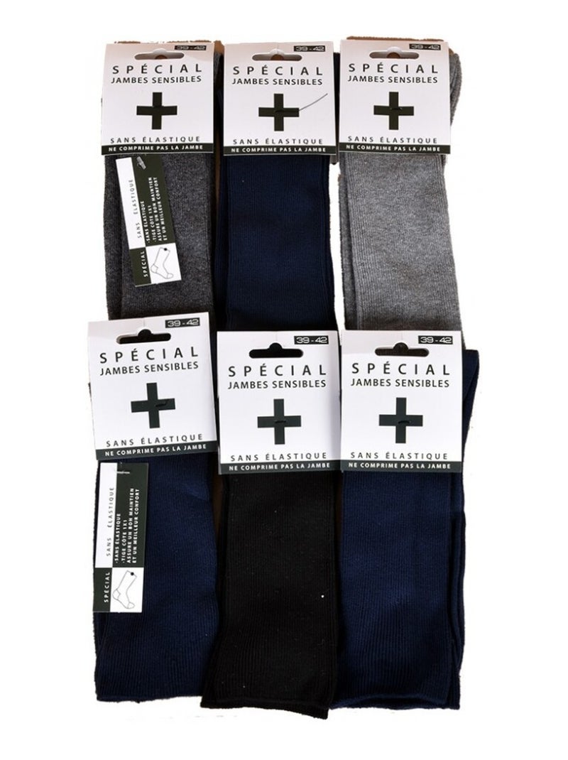 Chaussettes sans élastique homme Spécial Jambes sensibles - Pack de 6 Gris Noir Bleu - Kiabi
