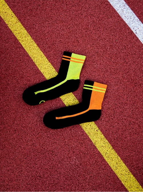 Chaussettes Sport Coolmax® courtes Rayures Orange et Vert Citron - Kiabi