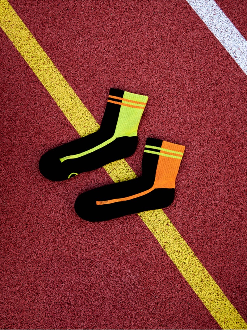 Chaussettes Sport Coolmax® courtes Rayures Orange et Vert Citron Orange - Kiabi