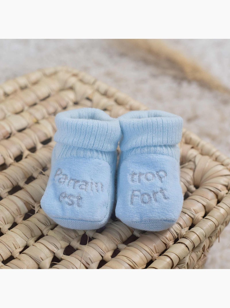 Chausson pour bébé brodé parrain est trop fort Bleu ciel - Kiabi
