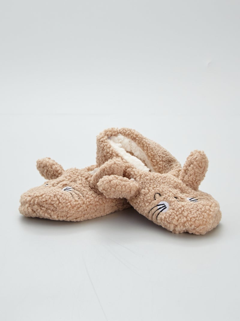 Chaussons ballerines effet moutonné 'chat' Beige - Kiabi