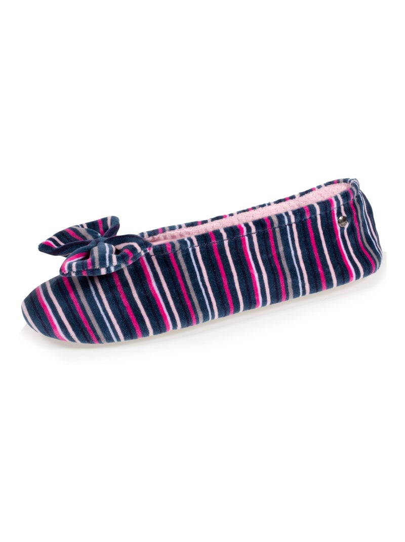 Chaussons ballerines grand noeud, en coton biologique et semelle en cuir, femme Isotoner Blanc Multicolore Bleu - Kiabi