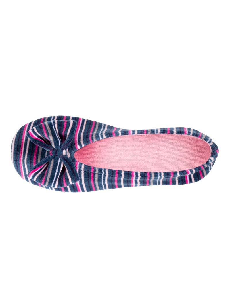 Chaussons ballerines grand noeud, en coton biologique et semelle en cuir, femme Isotoner Blanc Multicolore Bleu - Kiabi