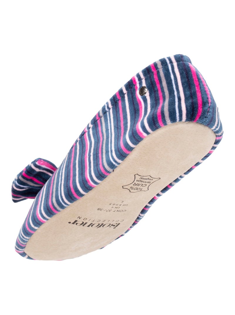 Chaussons ballerines grand noeud, en coton biologique et semelle en cuir, femme Isotoner Blanc Multicolore Bleu - Kiabi