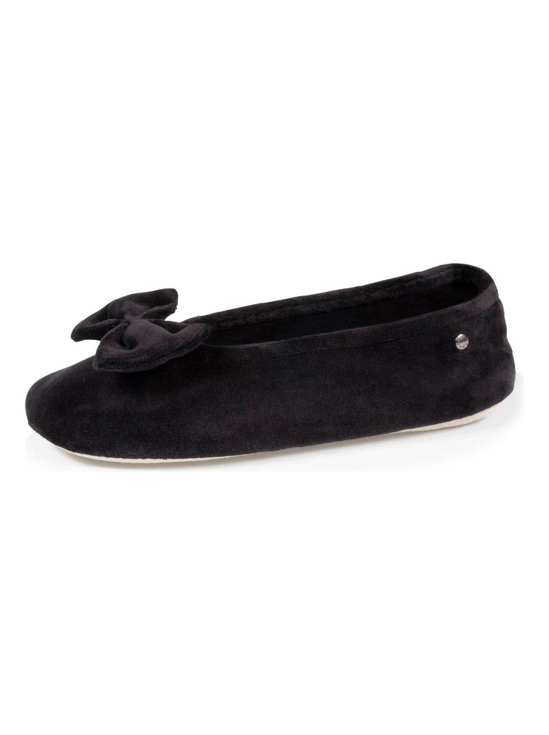 Chaussons ballerines grand noeud ultra confortables, coton biologique et semelle cuir femme Isotoner Noir - Kiabi