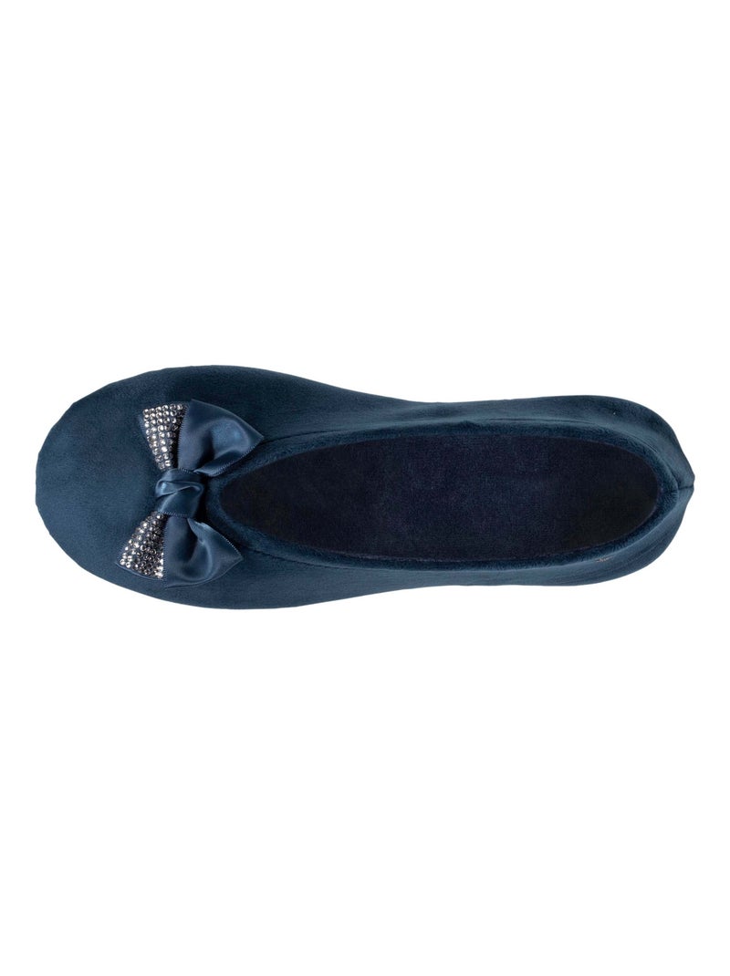 Chaussons Ballerines ultra confortables, en coton biologique, détail grand nœud Bleu canard - Kiabi