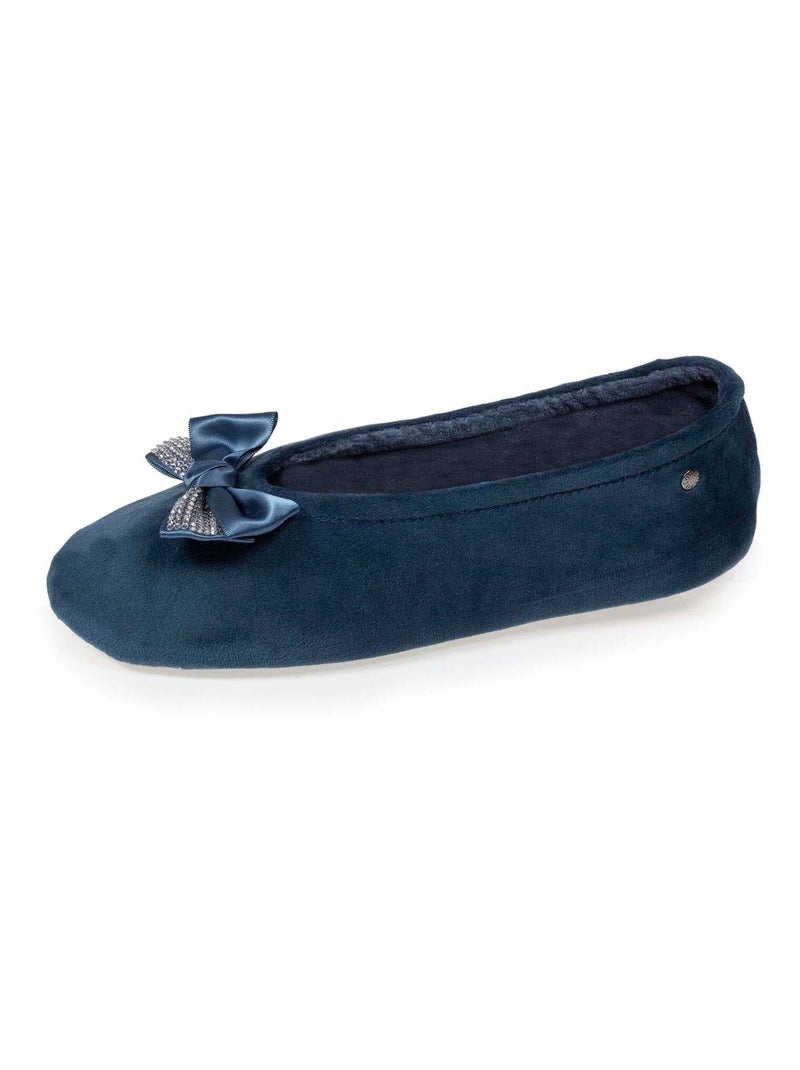 Chaussons Ballerines ultra confortables, en coton biologique, détail grand nœud Bleu canard - Kiabi