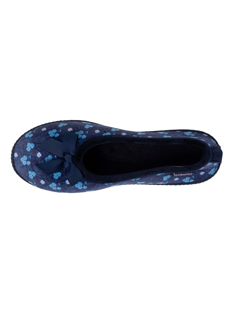 Chaussons Ballerines Isotoner Femme - Ultra Confort Semelle Mémoire De Forme Fleuri Bleu