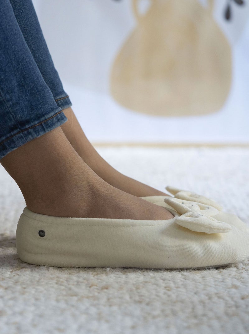 Chaussons ballerines ultra confortables, semelle en cuir, détail grand nœud femme Isotoner Ivoire - Kiabi
