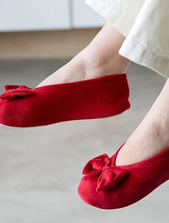 Chaussons ballerines ultra confortables, semelle en cuir, détail grand nœud femme Isotoner