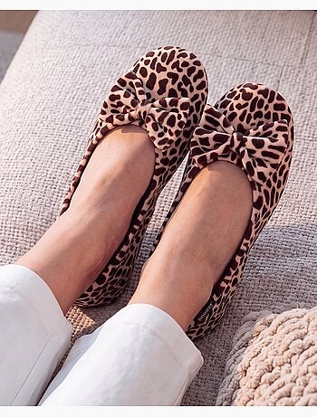 Chaussons ballerines ultra confortables, semelle cuir tannage végétal, grand nœud, femme isotoner