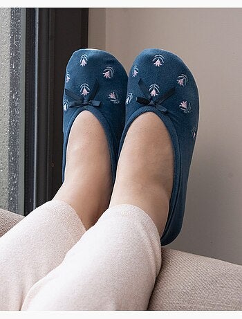 Chaussons ballerines ultra confortables, semelle cuir tannage végétal, grand nœud, femme isotoner