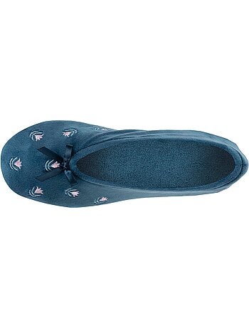 Chaussons ballerines ultra confortables, semelle cuir tannage végétal, grand nœud, femme isotoner